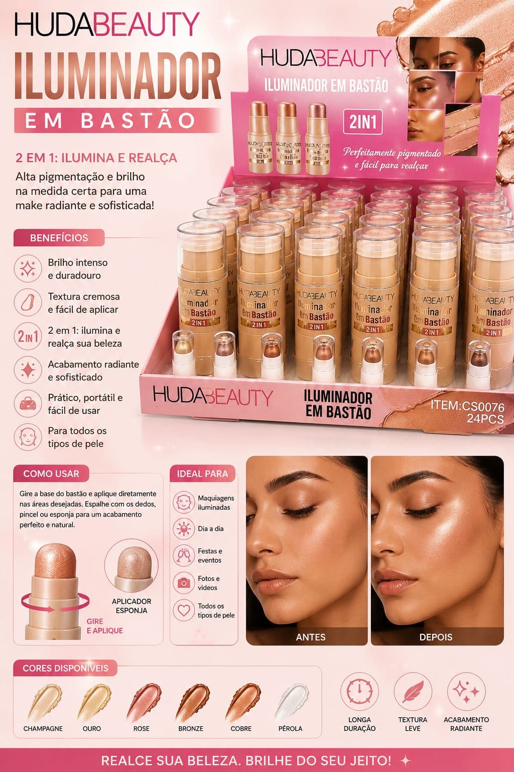 Iluminador em Bastão Huda Beauty 2 em 1 Glow Radiante | Alta Pigmentação e Longa Duração | Efeito Iluminado Profissional - imagem 1