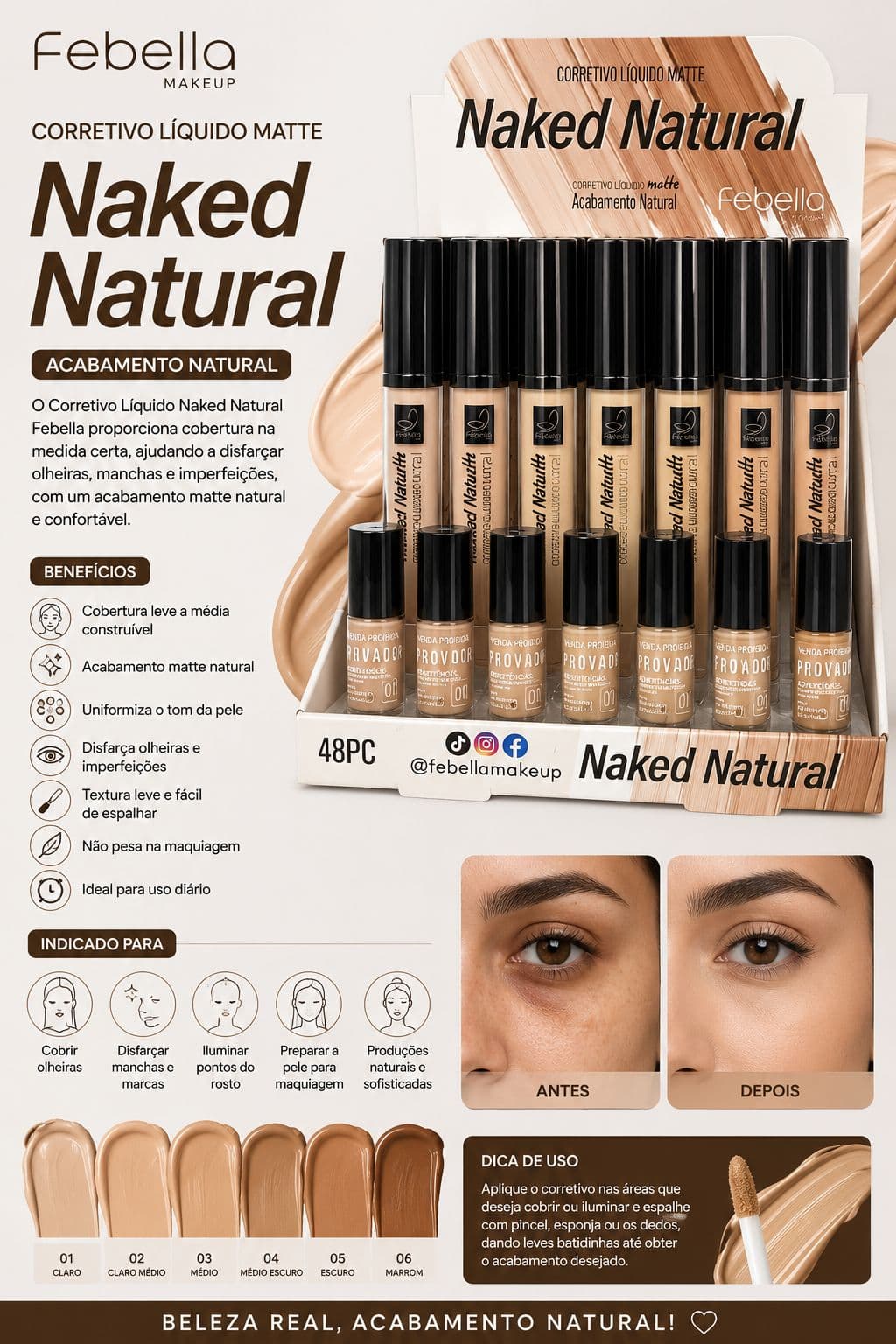 Corretivo Líquido Matte Naked Natural Febella Alta Cobertura Acabamento Natural Longa Duração Uniformiza e Disfarça Olheiras - imagem 1