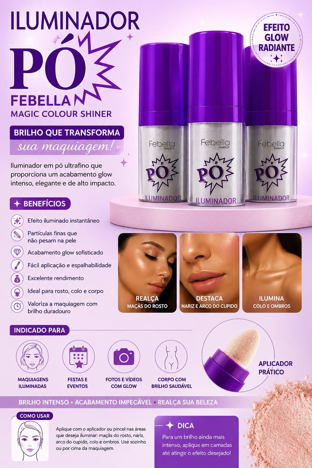 Iluminador Em Pó Febella Magic Colour Shiner Efeito Glow Radiante Alta Fixação Brilho Intenso Maquiagem Profissional - imagem 1