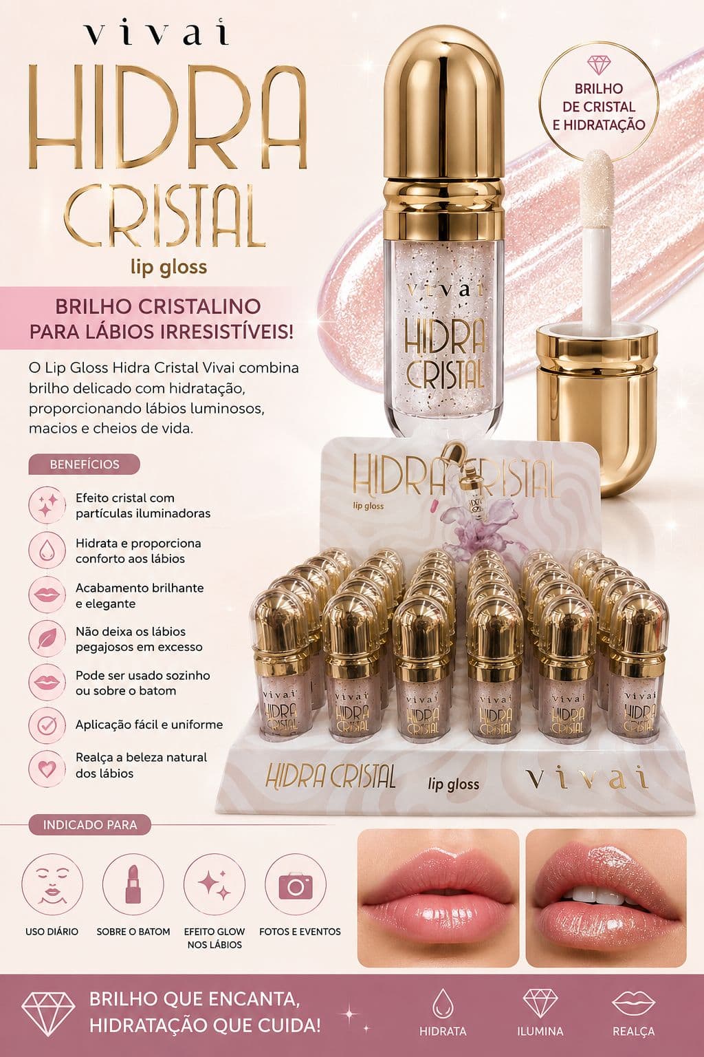 Lip Gloss Hydra Cristal Vivai Efeito Crystal Glow Hidratação Intensa Brilho Espelhado Lábios Radiantes e Macios - imagem 1