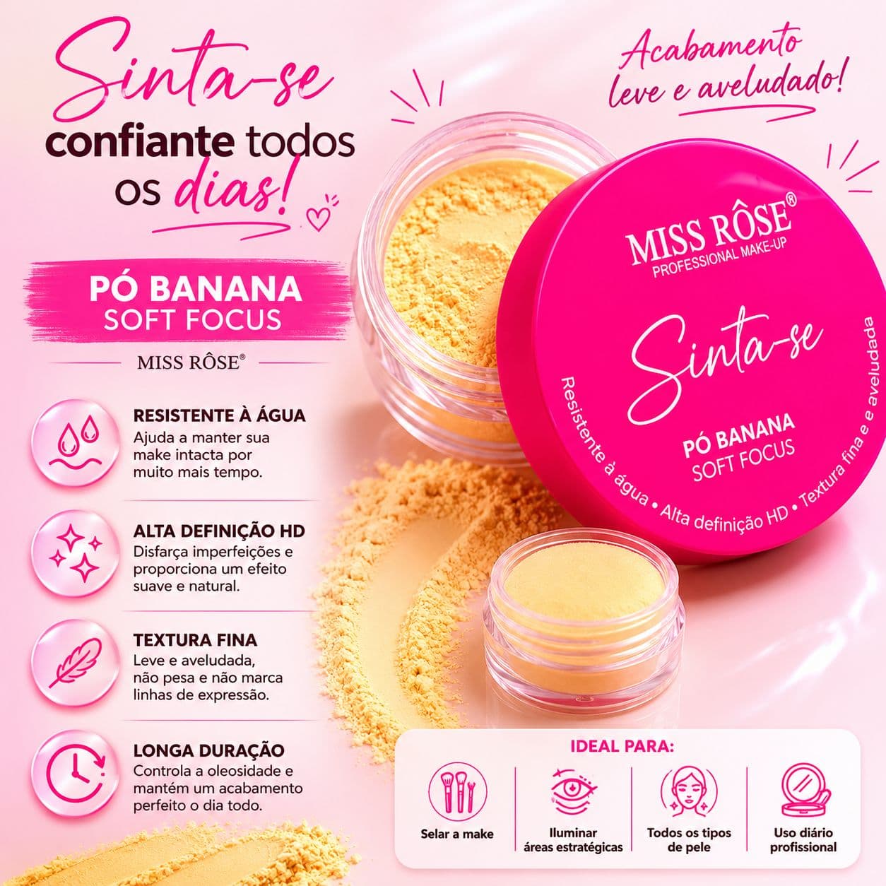 Pó Banana Soft Focus Miss Rôse Solto HD Alta Definição Resistente à Água Controle de Oleosidade Longa Duração - imagem 1