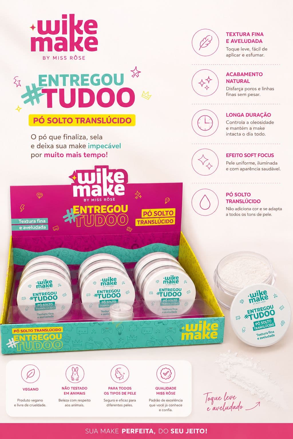 Pó Solto Translúcido Entregou Tudoo Wike Make By Miss Rôse Soft Focus Controle de Oleosidade Longa Duração Acabamento Aveludado - imagem 1