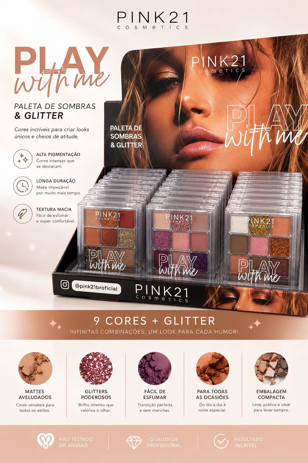 Paleta de Sombras Play With Me Pink 21 9 Cores + Glitter Alta Pigmentação Longa Duração Maquiagem Profissional - imagem 1