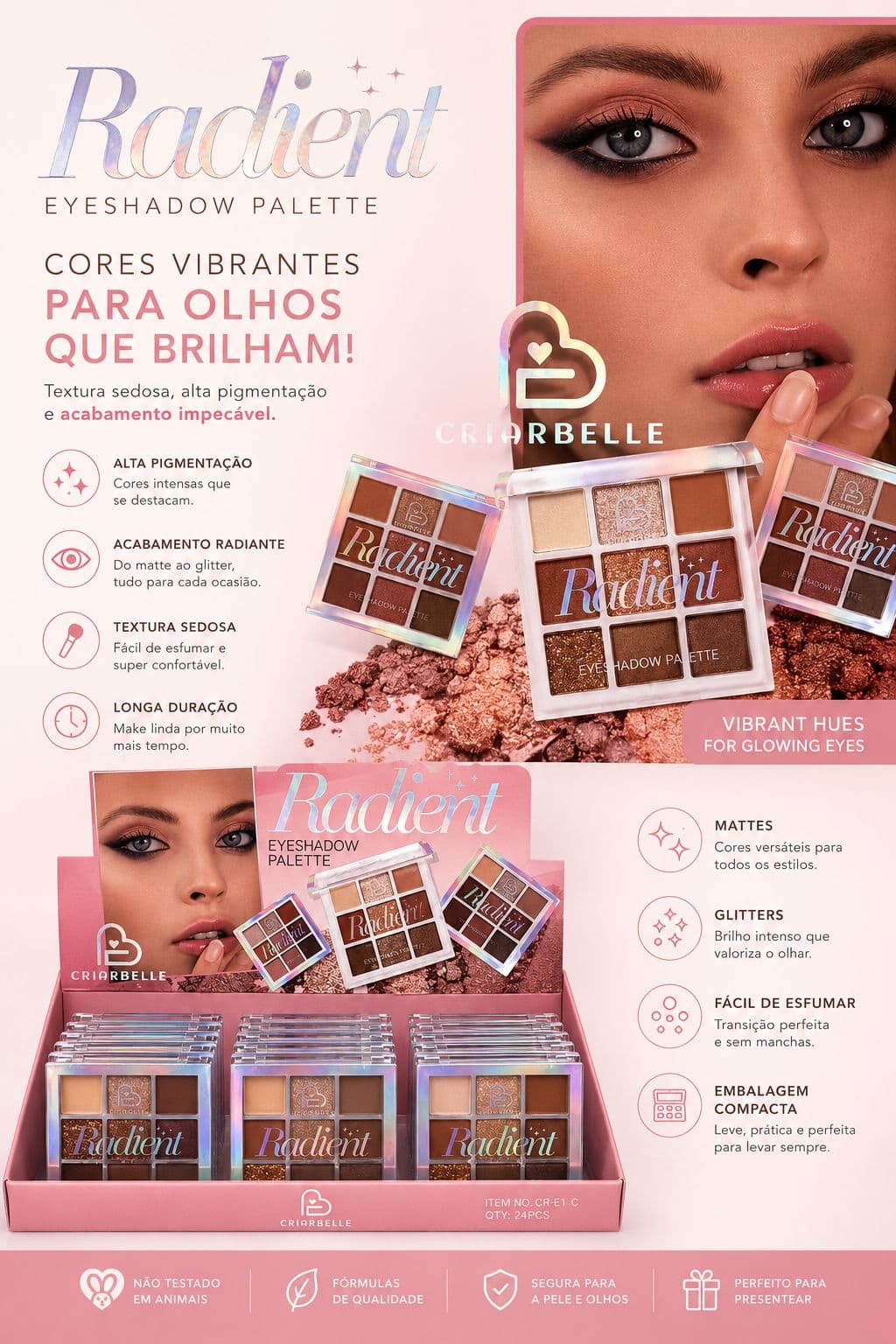 Paleta de Sombras Radiant Criar Belle 9 Cores Matte e Glitter Alta Pigmentação Longa Duração Acabamento Profissional - imagem 1
