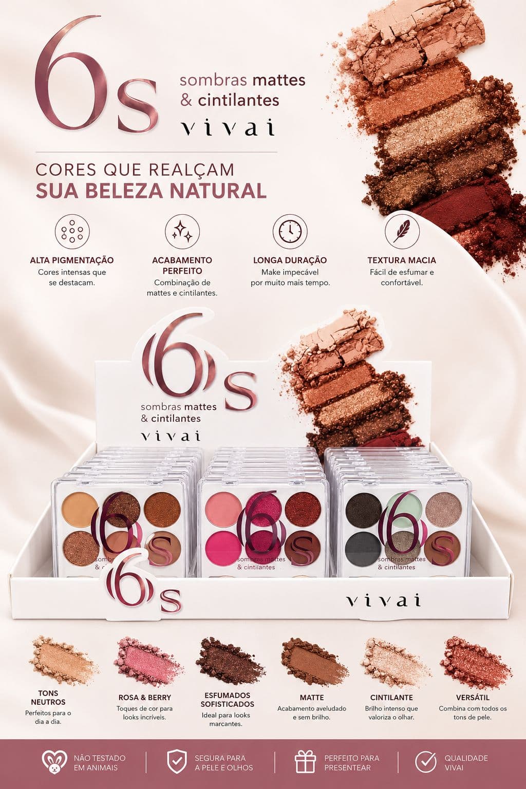 Paleta de Sombras 6 Cores Vivai Matte e Cintilante Alta Pigmentação Longa Duração Fácil Esfumado Maquiagem Profissional - imagem 1