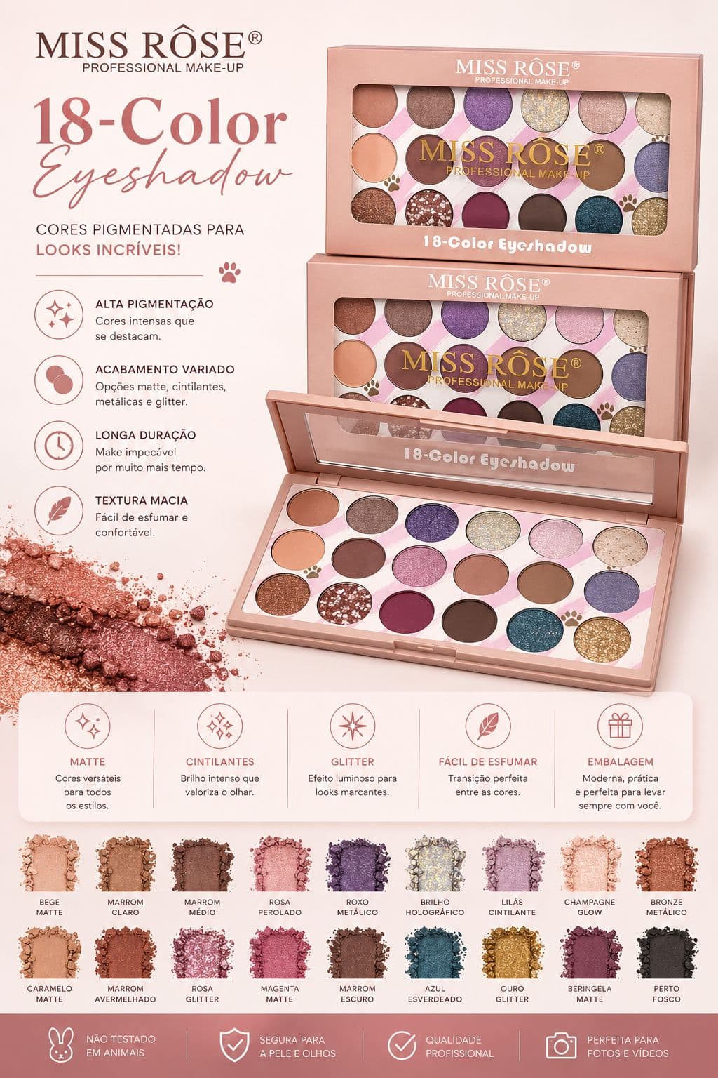 Paleta de Sombras 18 Colors Miss Rôse Alta Pigmentação Matte Cintilante Glitter Longa Duração Maquiagem Profissional - imagem 1