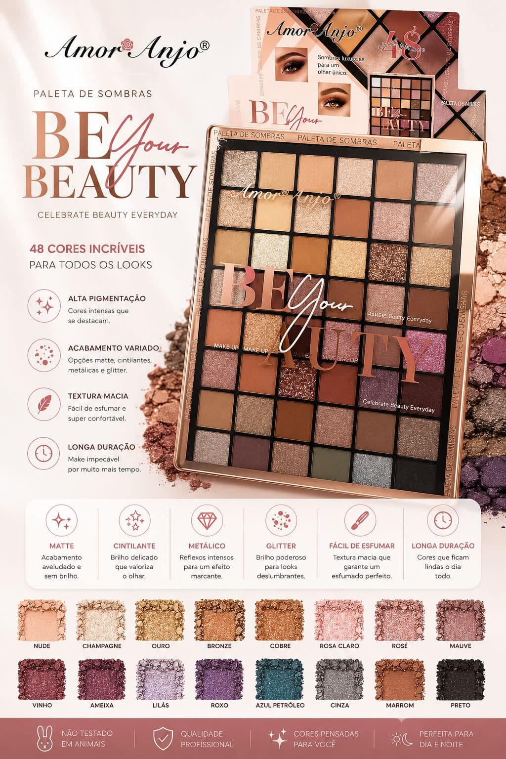 Paleta de Sombras Be Your Beauty Amor Anjo 48 Cores Alta Pigmentação Matte Cintilante Glitter Longa Duração Profissional - imagem 1