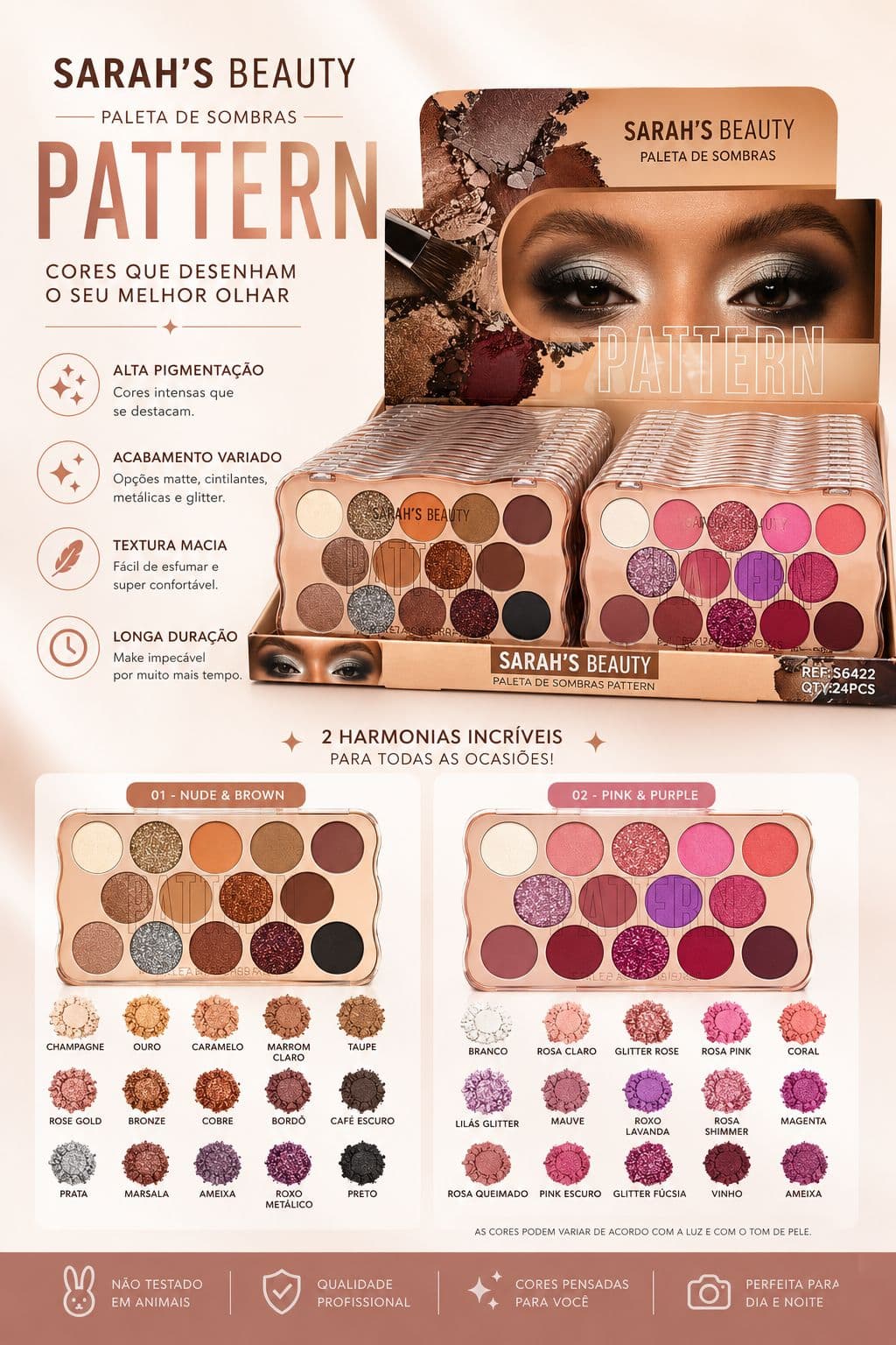 Paleta de Sombras Pattern Sarah's Beauty Alta Pigmentação Matte Cintilante Glitter Longa Duração Maquiagem Profissional - imagem 1