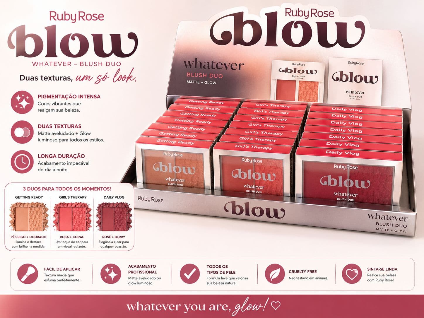 Blush Duo Glow Whatever Ruby Rose Matte + Glow Alta Pigmentação Longa Duração Efeito Radiante Acabamento Profissional - imagem 1