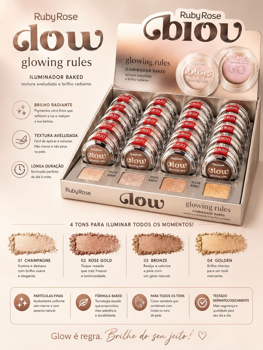 Iluminador Baked Glow Glowing Rules Ruby Rose Brilho Radiante Alta Fixação Efeito Glow Profissional Longa Duração - imagem 1