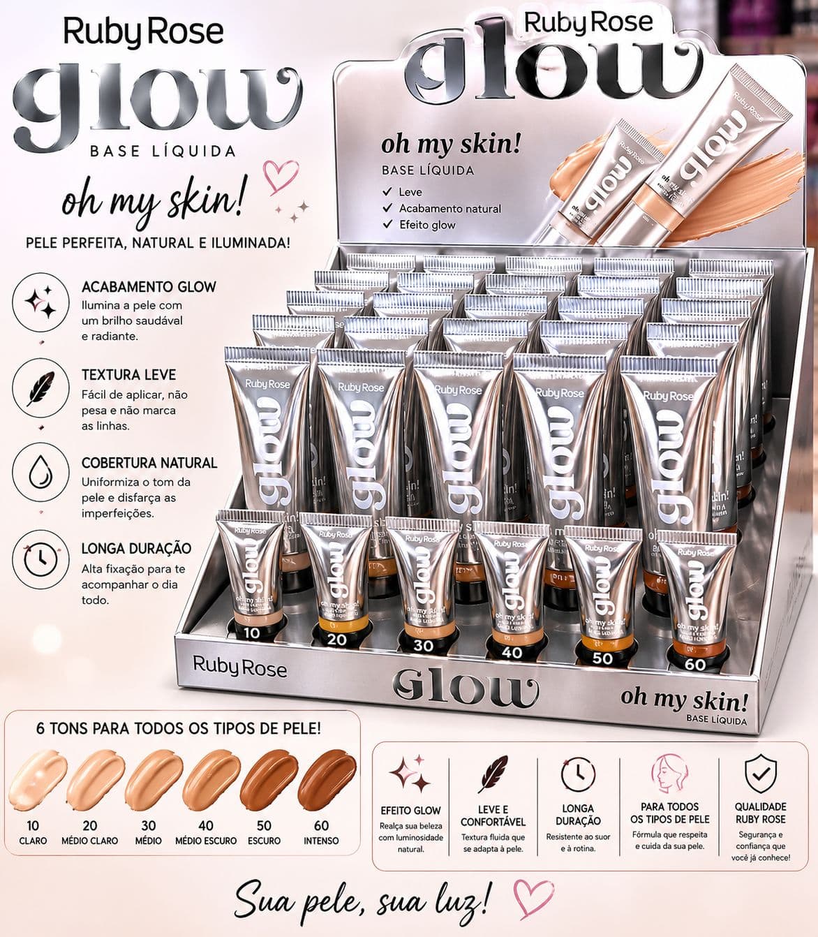 Base Líquida Glow Oh My Skin Ruby Rose Efeito Glow Cobertura Natural Longa Duração Pele Radiante Acabamento Iluminado - imagem 1