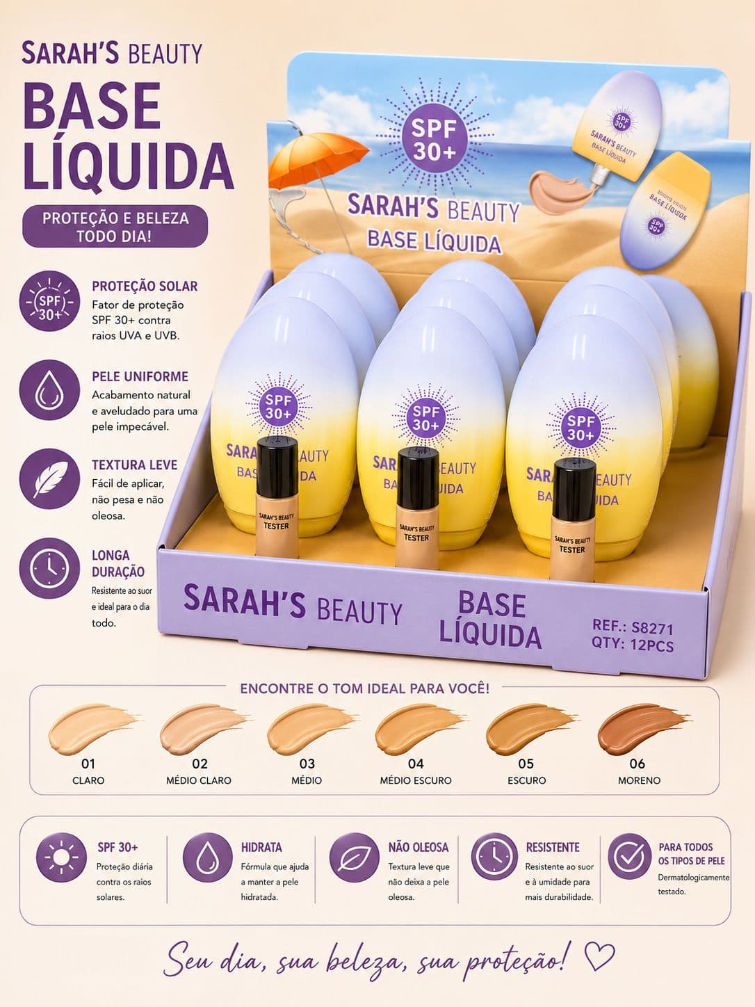Base Líquida Sarah's Beauty SPF 30+ Alta Cobertura Longa Duração Proteção Solar Hidratação Pele Uniforme - imagem 1