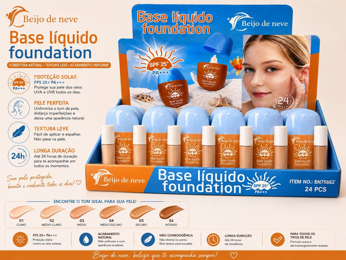 Base Líquida Beijo de Neve Foundation FPS 25 PA+++ Alta Cobertura Longa Duração Acabamento Natural Pele Perfeita - imagem 1