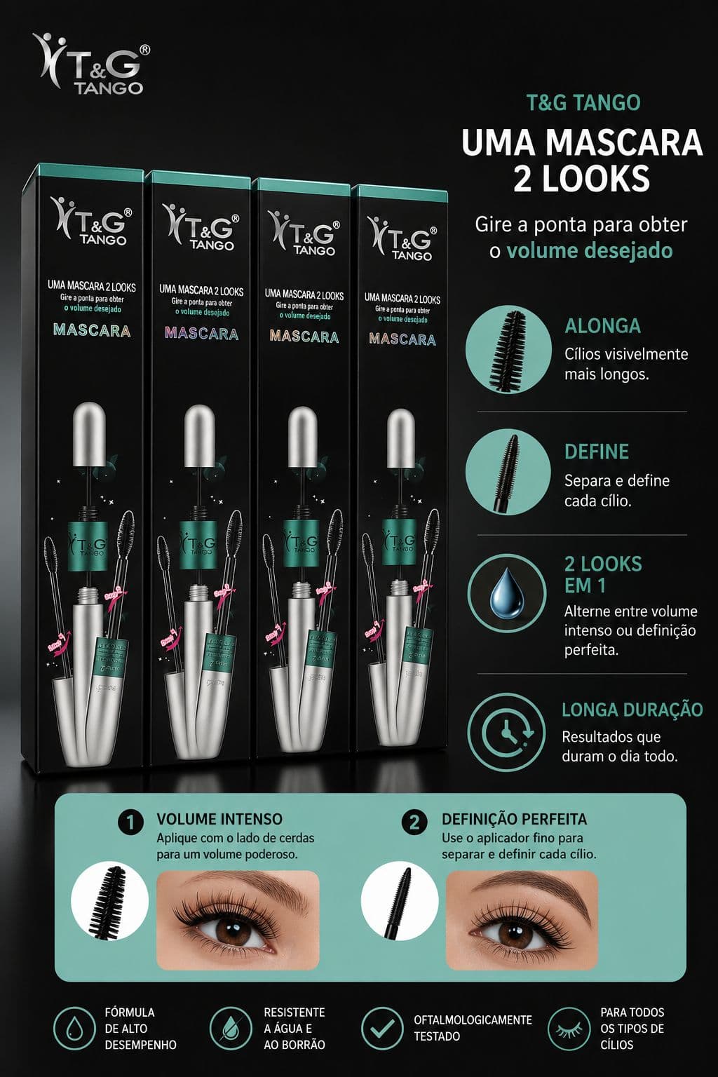 Máscara de Cílios T&G Tango 2 Looks 2 em 1 Alongamento Volume Definição Longa Duração Resistente à Água - imagem 1