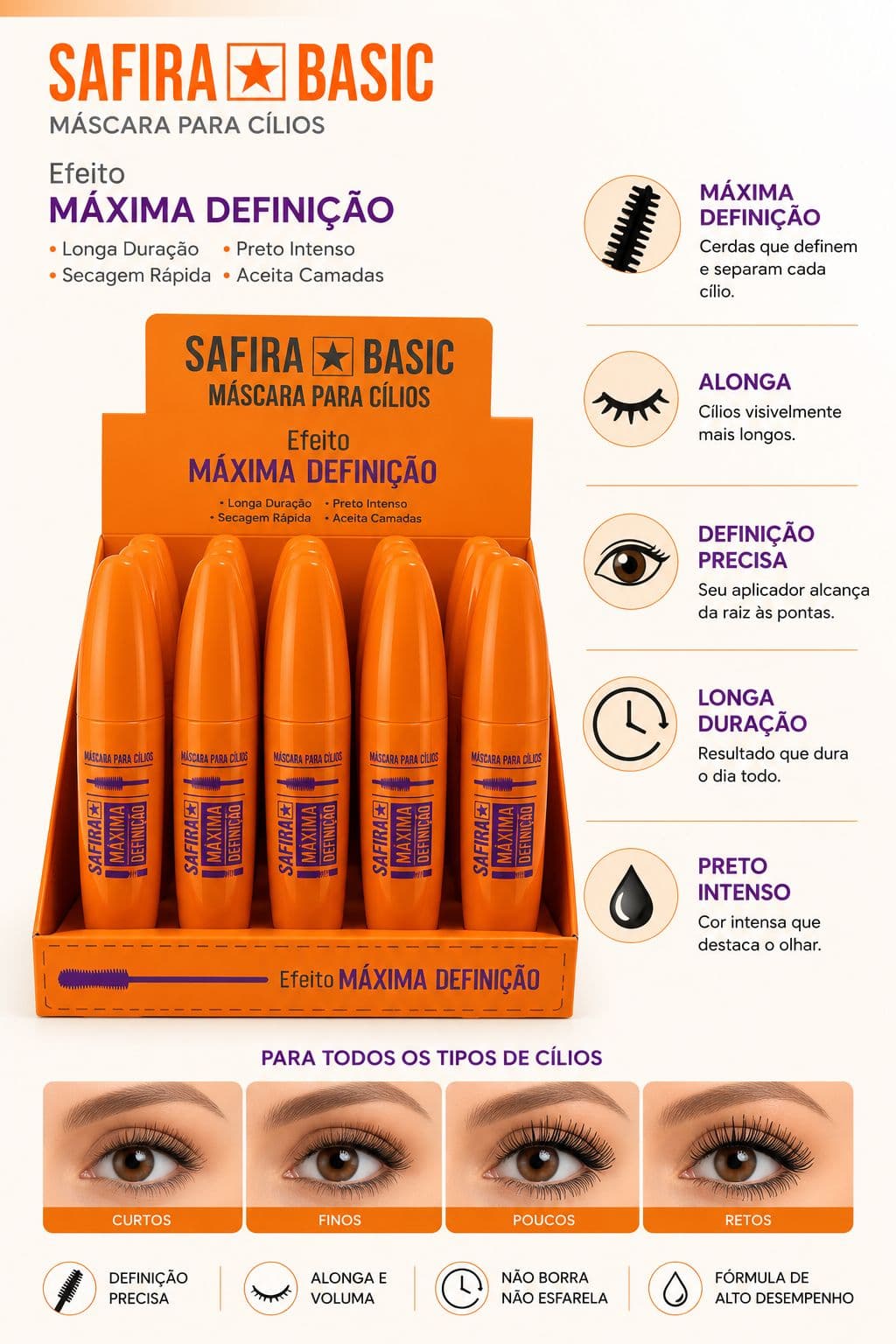 Máscara de Cílios Safira Basic Máxima Definição Alongamento Extremo Longa Duração Preto Intenso Não Borra - imagem 1