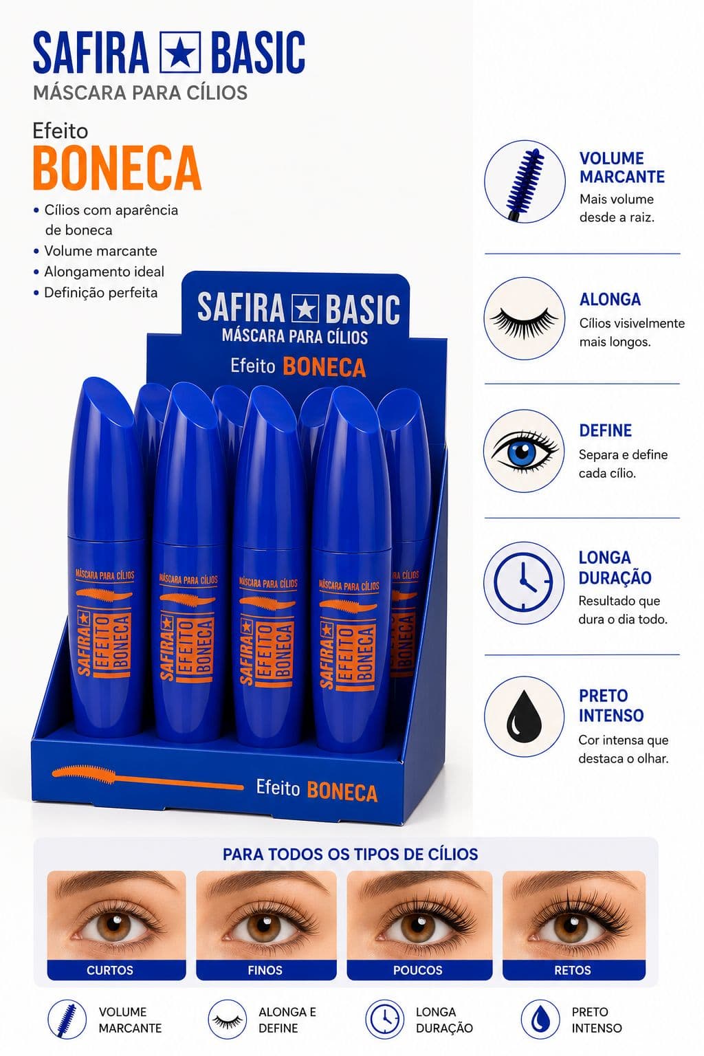 Máscara de Cílios Safira Basic Efeito Boneca Volume Marcante Alongamento Extremo Longa Duração Preto Intenso - imagem 1