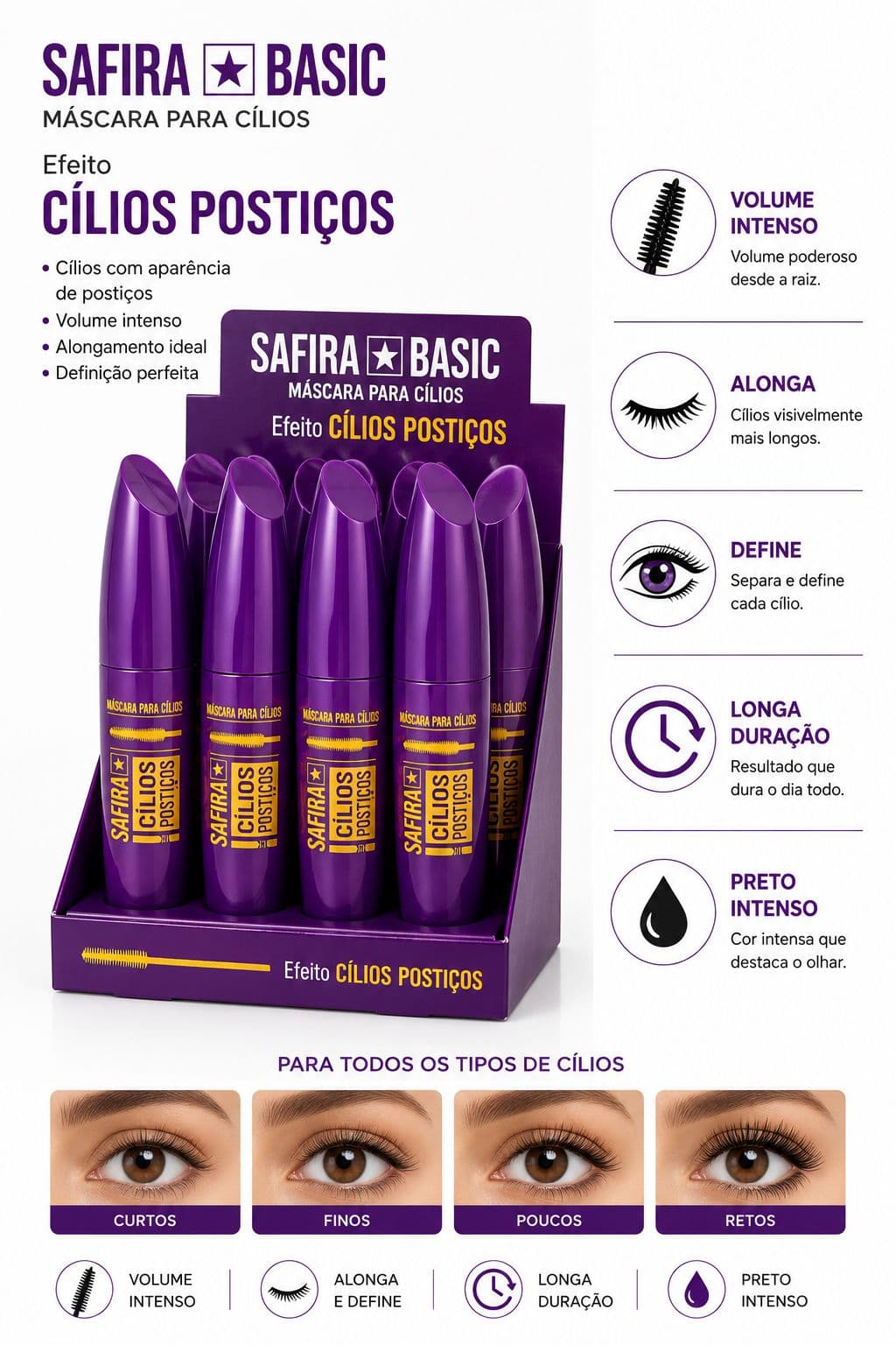 Máscara de Cílios Safira Basic Efeito Cílios Postiços Volume Intenso Alongamento Máxima Definição Longa Duração Preto Intenso - imagem 1