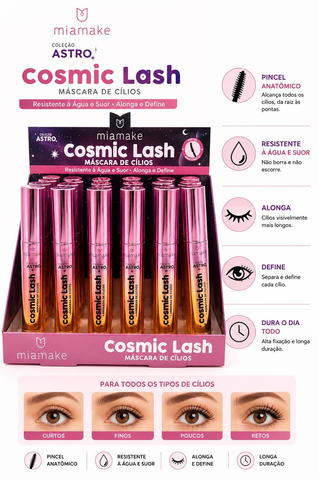 Máscara de Cílios Mia Make Cosmic Lash Coleção Astro Alonga e Define Resistente à Água Longa Duração Alta Fixação - imagem 1