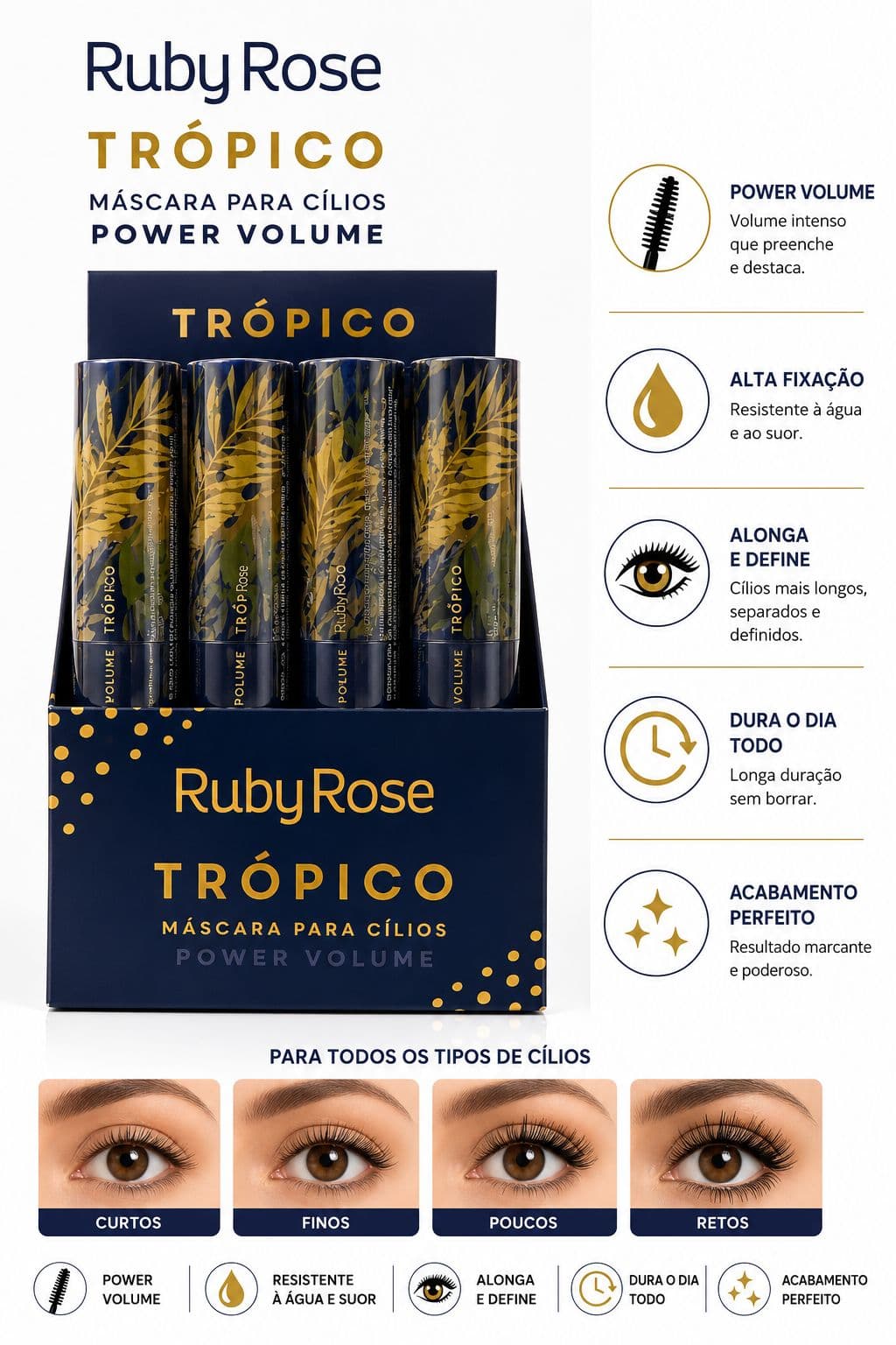 Máscara para Cílios Ruby Rose Trópico Power Volume Alonga Define Resistente à Água Longa Duração Efeito Volume Intenso