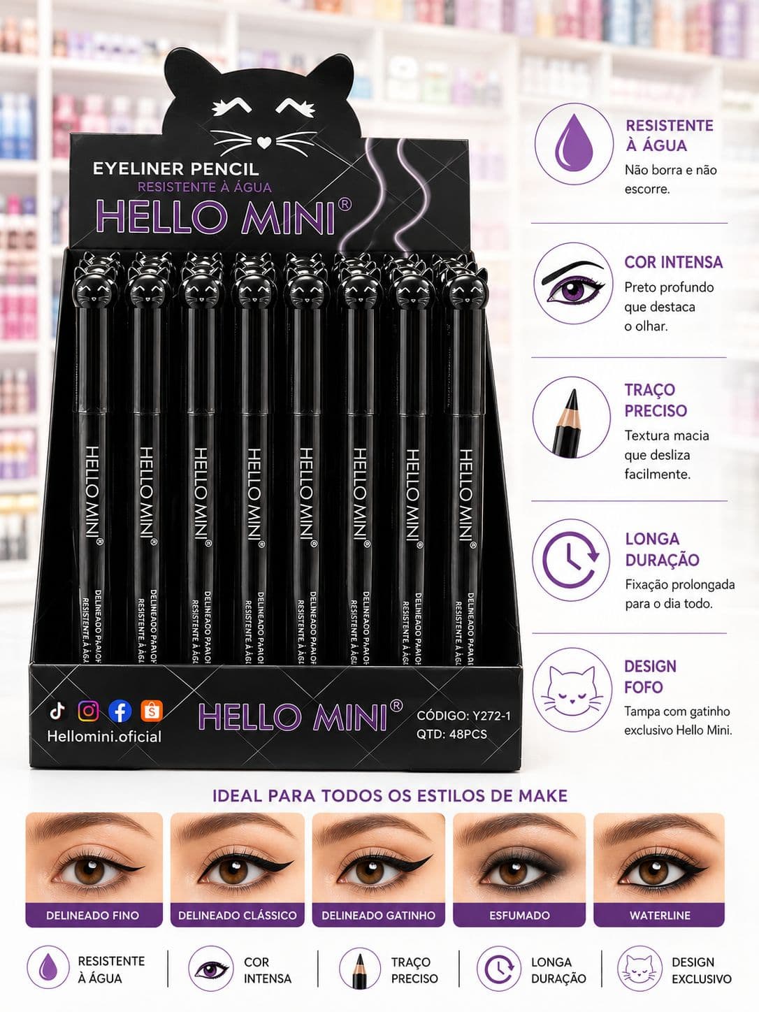Delineador em Lápis Hello Mini Eyeliner Pencil Resistente à Água Longa Duração Preto Intenso Traço Preciso Profissional - imagem 1
