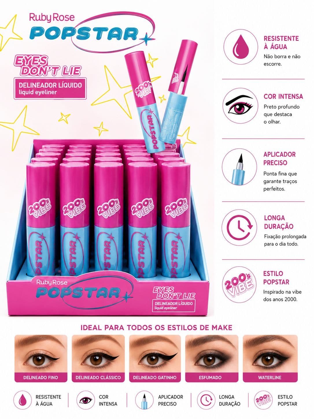Delineador Líquido Ruby Rose Popstar Eyes Don't Lie 200's Vibe Resistente à Água Preto Intenso Longa Duração Traço Preciso - imagem 1