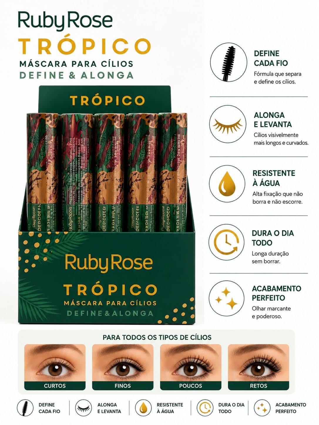 Máscara para Cílios Ruby Rose Trópico Define & Alonga Resistente à Água Longa Duração Alongamento Extremo Definição Perfeita - imagem 1