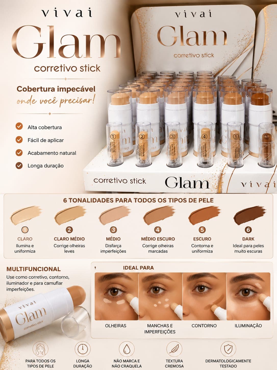 Corretivo Stick Glam Vivai Alta Cobertura Multifuncional | Longa Duração e Acabamento Natural | Disfarça Olheiras e Imperfeições - imagem 1
