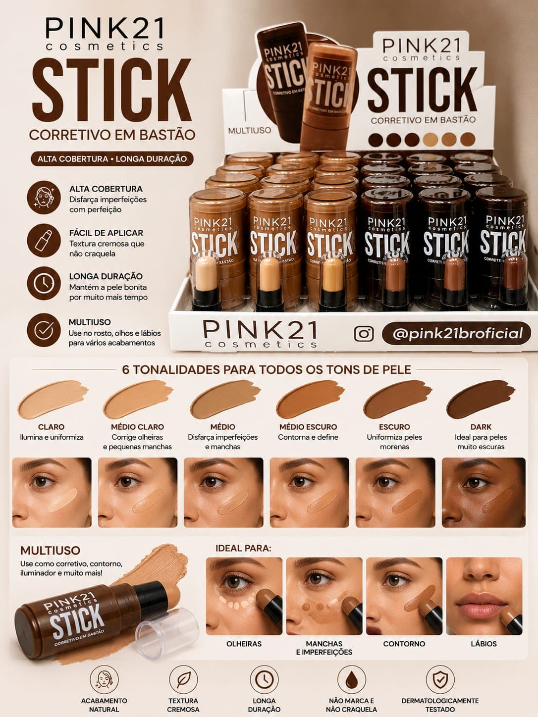 Corretivo em Bastão Stick Pink 21 Alta Cobertura Multifuncional | Longa Duração e Acabamento Natural | Disfarça Olheiras e Imperfeições - imagem 1