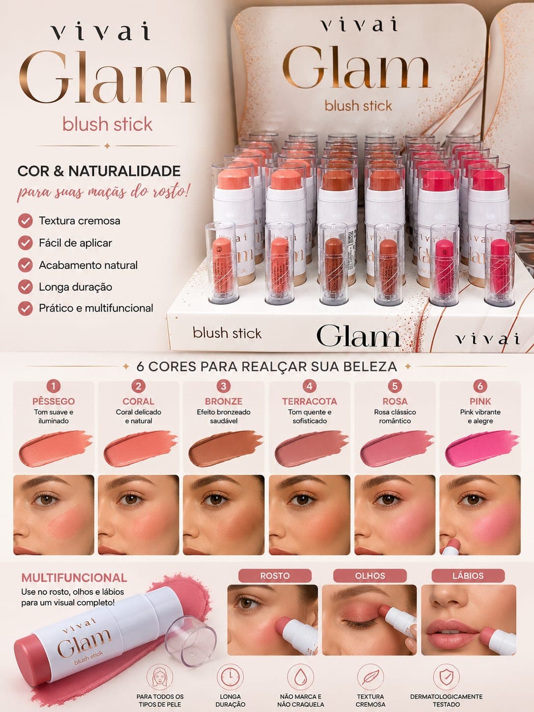 Blush Stick Glam Vivai Efeito Natural e Longa Duração | Textura Cremosa Multifuncional | Cor Intensa para Rosto, Olhos e Lábios - imagem 1