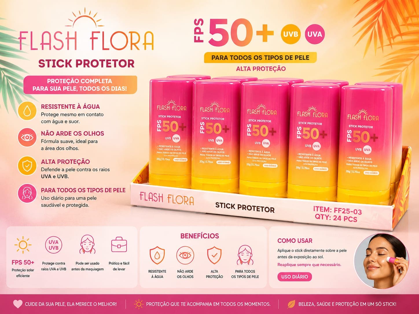Protetor Solar Stick Flash Flora FPS 50+ UVA/UVB | Alta Proteção e Resistente à Água | Praticidade para Uso Diário em Todos os Tipos de Pele - imagem 1
