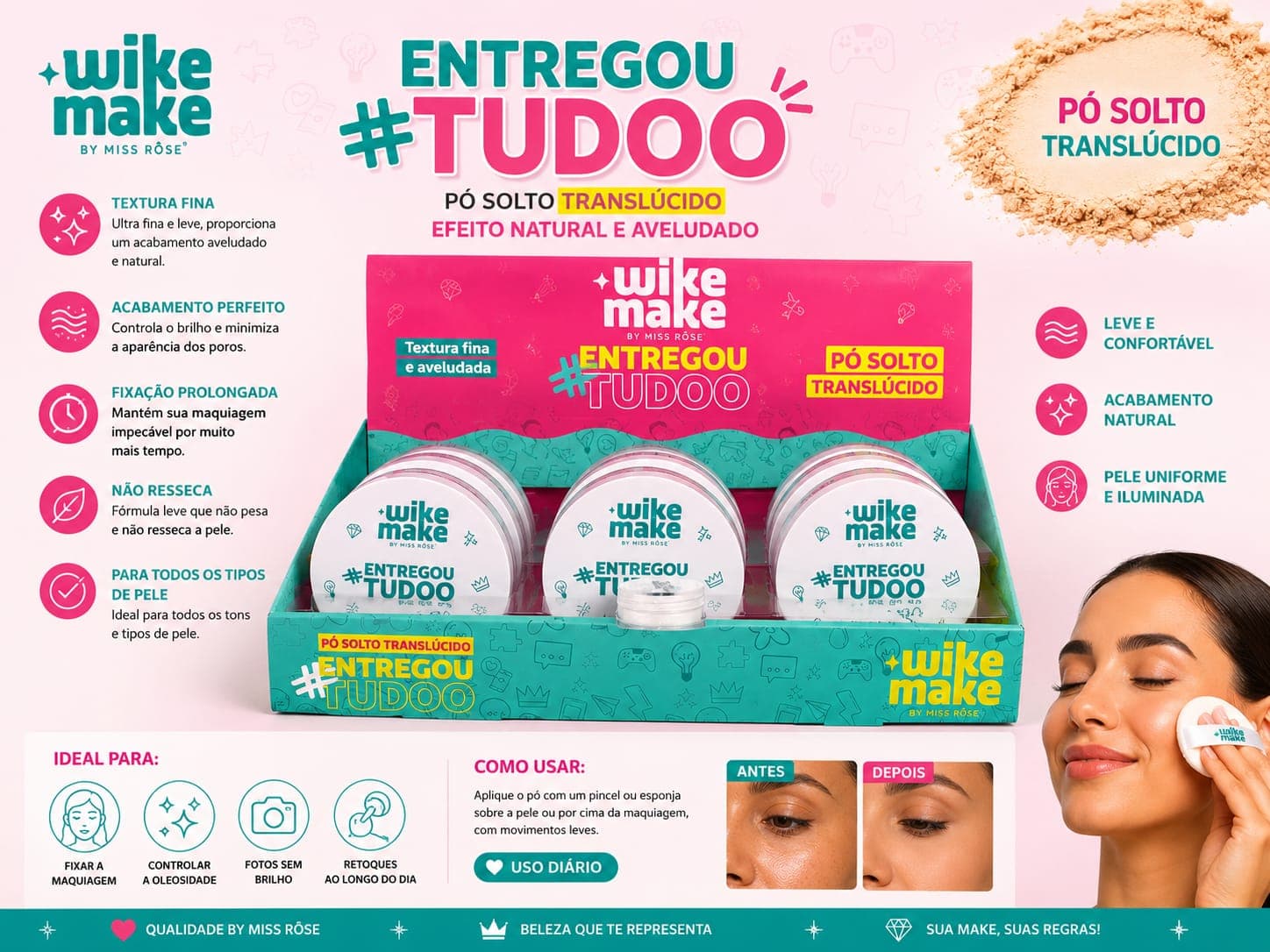 Pó Solto Translúcido Entregou Tudoo Wike Make by Miss Rôse | Efeito Aveludado e Controle da Oleosidade | Fixação Prolongada para Make Perfeita - imagem 1