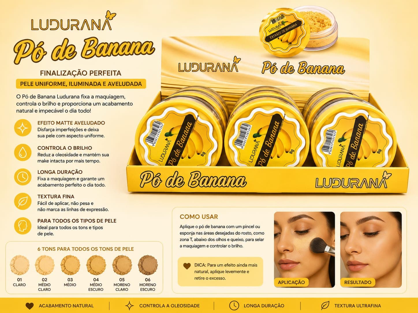 Pó de Banana Ludurana Efeito Matte Aveludado | Controle da Oleosidade e Longa Duração | Acabamento Profissional para Pele Perfeita - imagem 1
