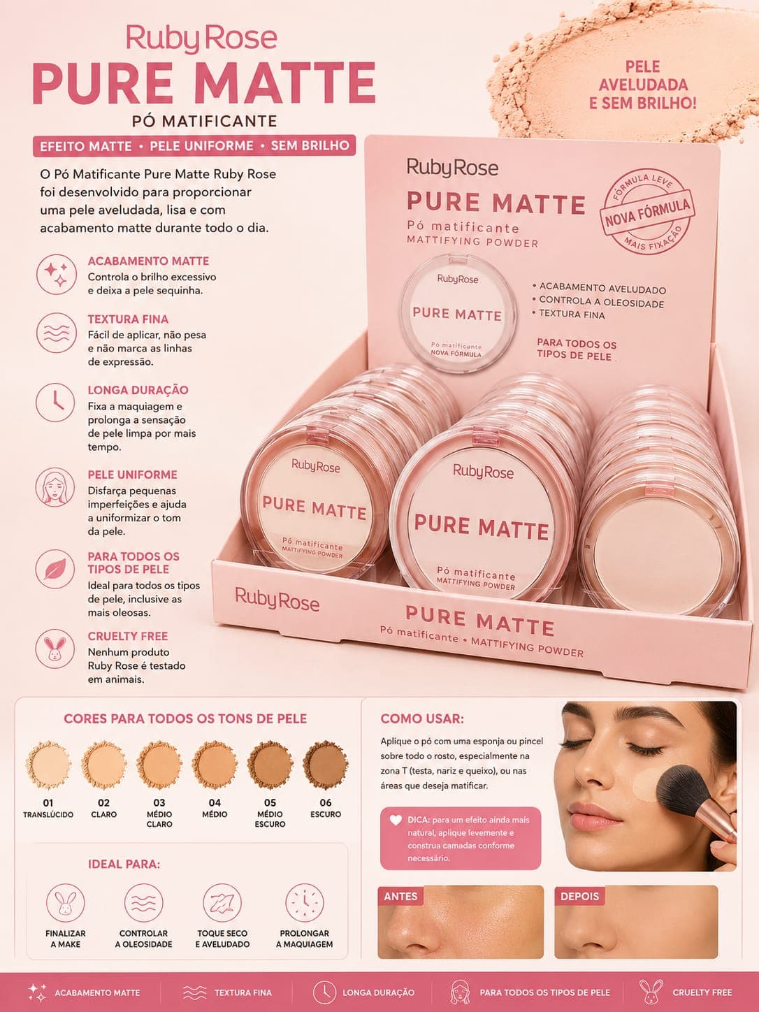 Pó Matificante Pure Matte Ruby Rose Efeito Matte Aveludado | Controle da Oleosidade e Longa Duração | Pele Perfeita Sem Brilho - imagem 1