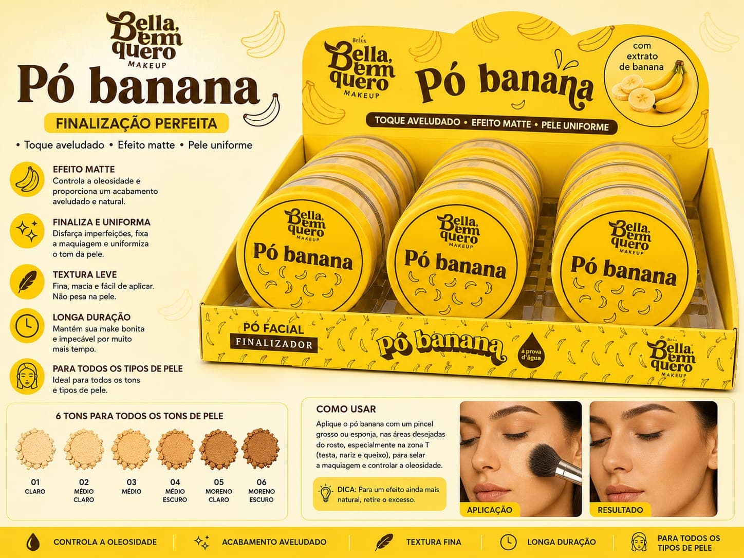 Pó Banana Bella Bem Quero Efeito Matte Aveludado | Controle da Oleosidade e Longa Duração | Finalização Profissional para Pele Perfeita - imagem 1
