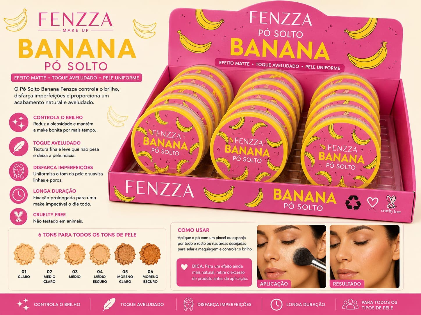 Pó Solto Banana Fenzza Make Up Efeito Matte Aveludado | Controle da Oleosidade e Longa Duração | Pele Uniforme com Acabamento Profissional - imagem 1