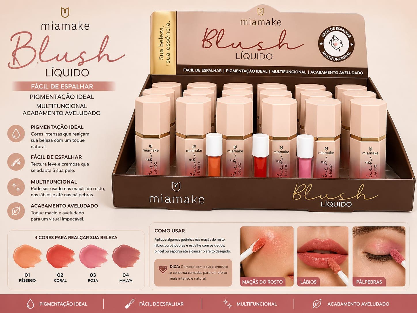 Blush Líquido Miamake Fácil de Espalhar | Alta Pigmentação e Acabamento Aveludado | Multifuncional para Rosto, Lábios e Olhos - imagem 1