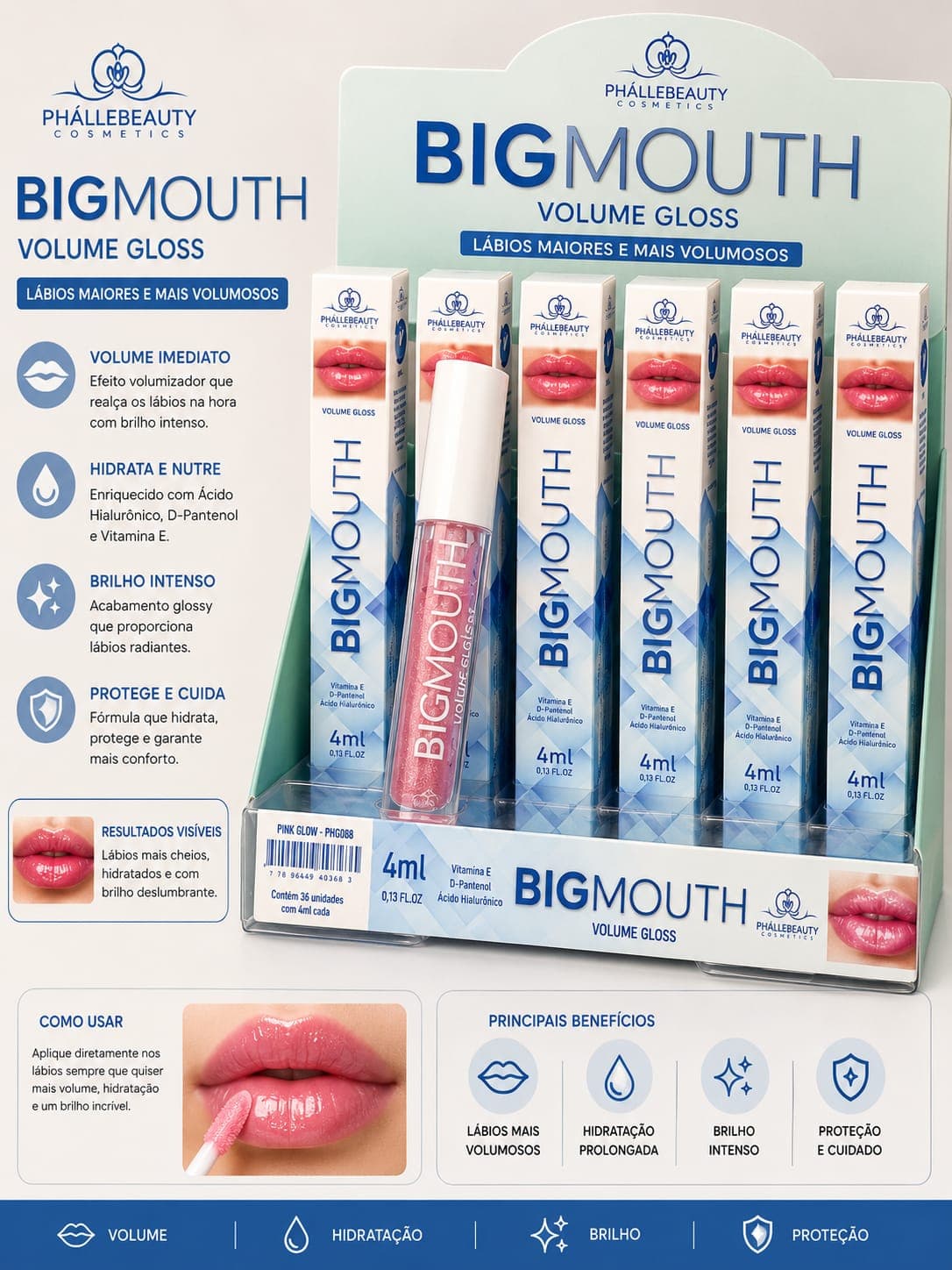 Gloss Volumizador Big Mouth Phállebeauty Cosmetics | Ácido Hialurônico + Vitamina E | Efeito Bocão, Brilho Intenso e Hidratação Profunda | Sucesso de Vendas - imagem 1