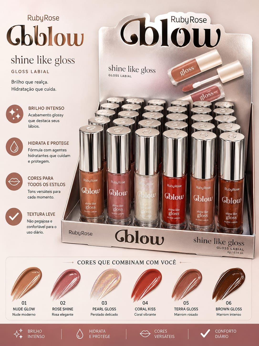 Gloss Labial Glow Shine Like Gloss Ruby Rose | Brilho Espelhado, Hidratação Intensa e Cores Elegantes | Lançamento Exclusivo e Sucesso de Vendas - imagem 1