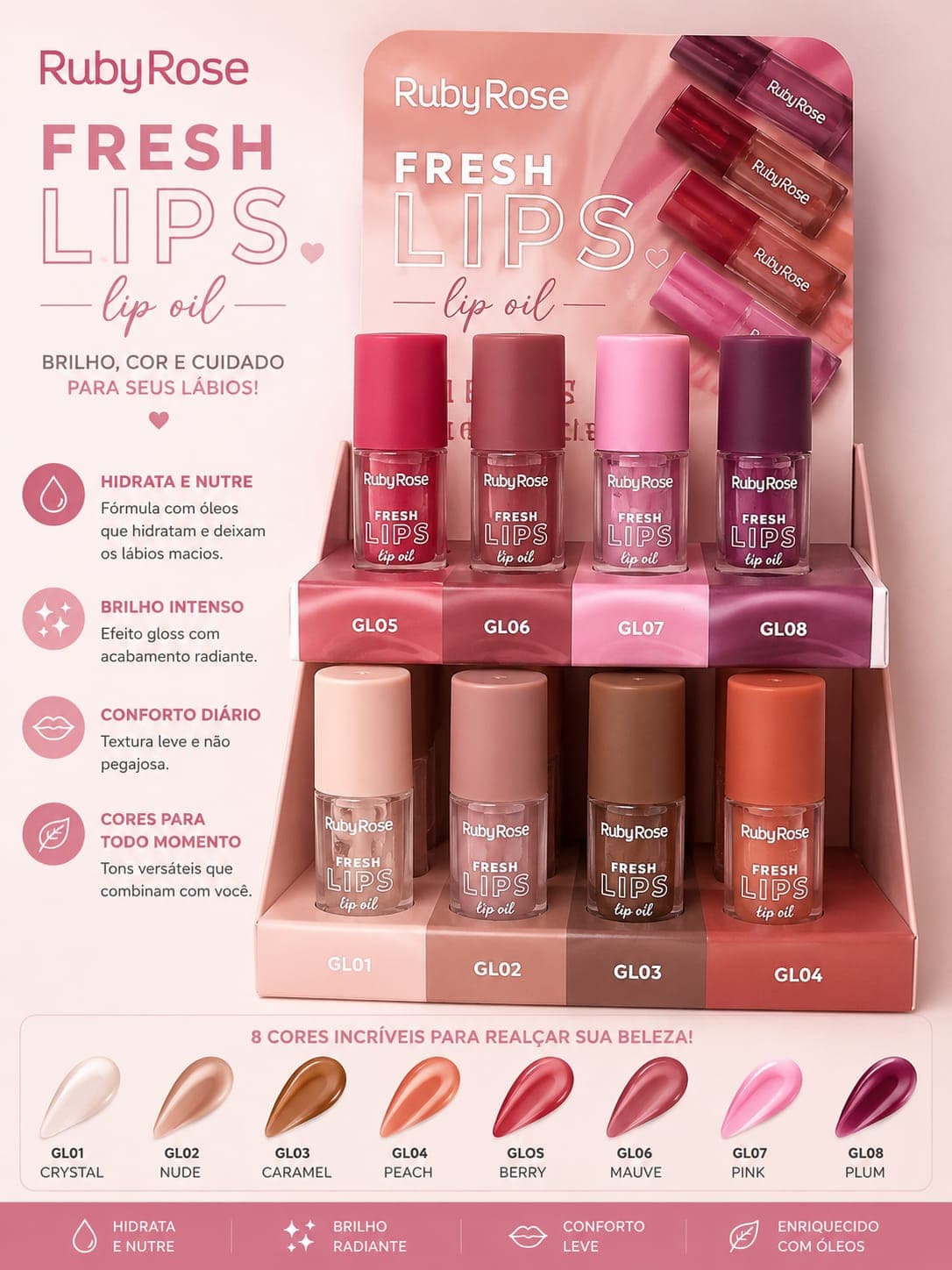 Lip Oil Fresh Lips Ruby Rose | Hidratante Labial com Cor, Brilho Intenso e Nutrição Profunda | Lábios Macios, Radiantes e Tendência de Vendas - imagem 1