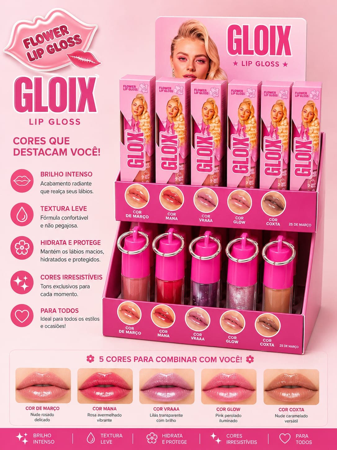 Gloss Labial GLOIX Flower Lip Gloss | Brilho Intenso, Hidratação e Efeito Espelhado | 5 Cores Exclusivas | Tendência Viral e Alta Procura - imagem 1