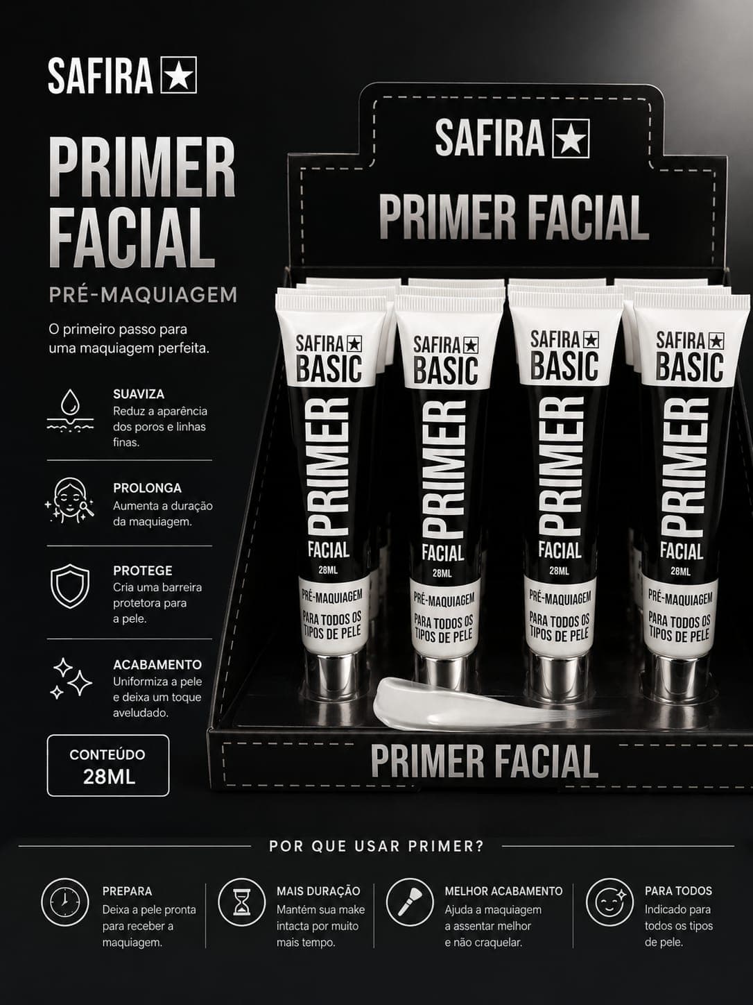 Primer Facial Safira Basic 28ml | Pré-Maquiagem Efeito Aveludado, Minimiza Poros e Prolonga a Make | Pele Perfeita e Acabamento Profissional - imagem 1