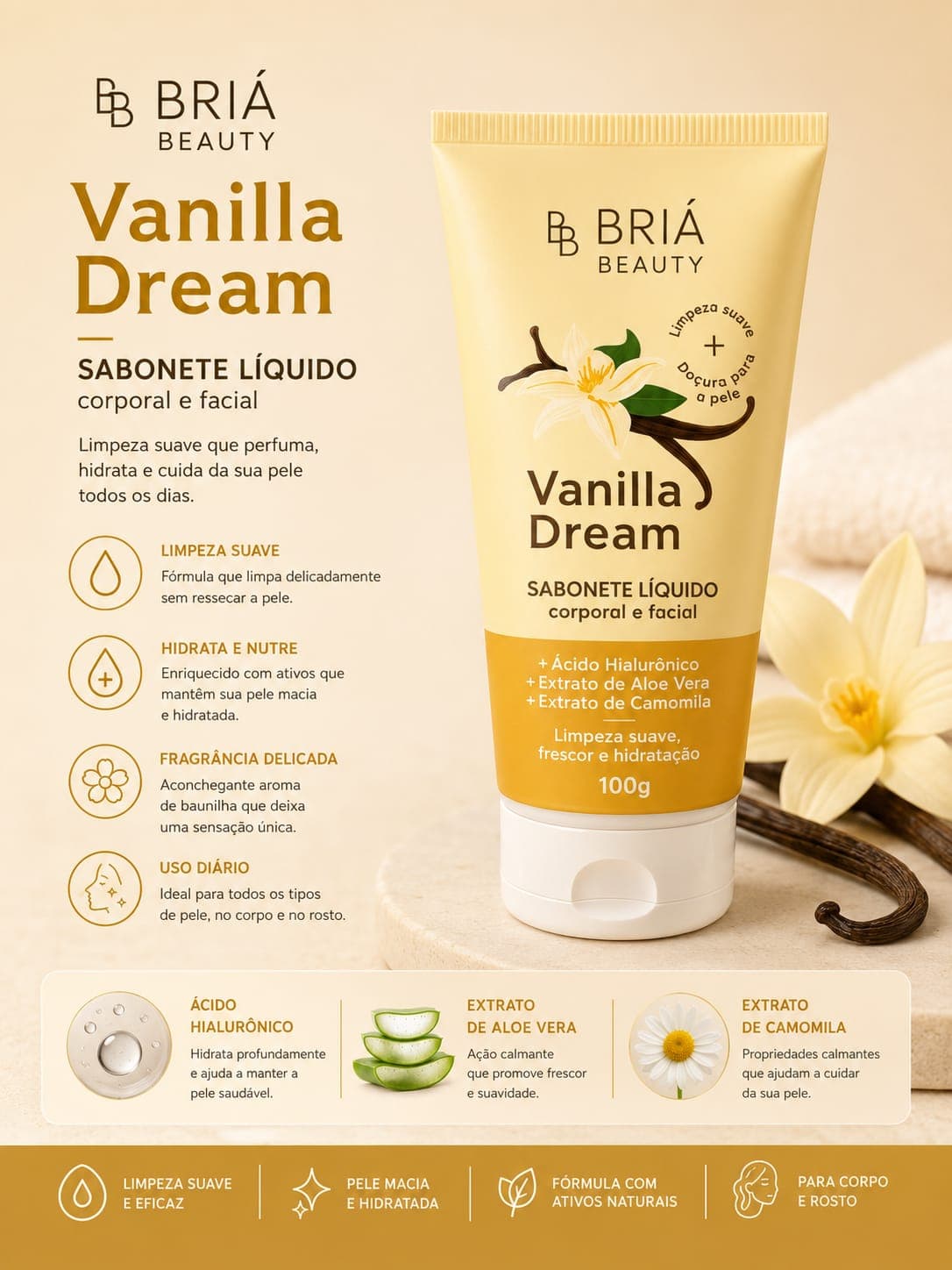 Sabonete Líquido Facial e Corporal Vanilla Dream Briá Beauty 100g | Ácido Hialurônico, Aloe Vera e Camomila | Hidratação Profunda, Limpeza Suave e Perfume Delicado | Sucesso de Vendas - imagem 1