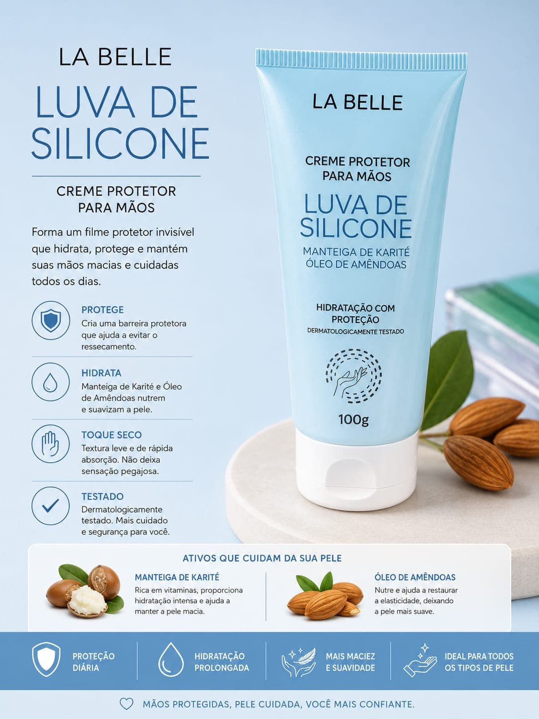 Creme Protetor para Mãos Luva de Silicone La Belle 100g | Manteiga de Karité e Óleo de Amêndoas | Hidratação Intensa, Toque Seco e Proteção Diária | Mais Vendido - imagem 1