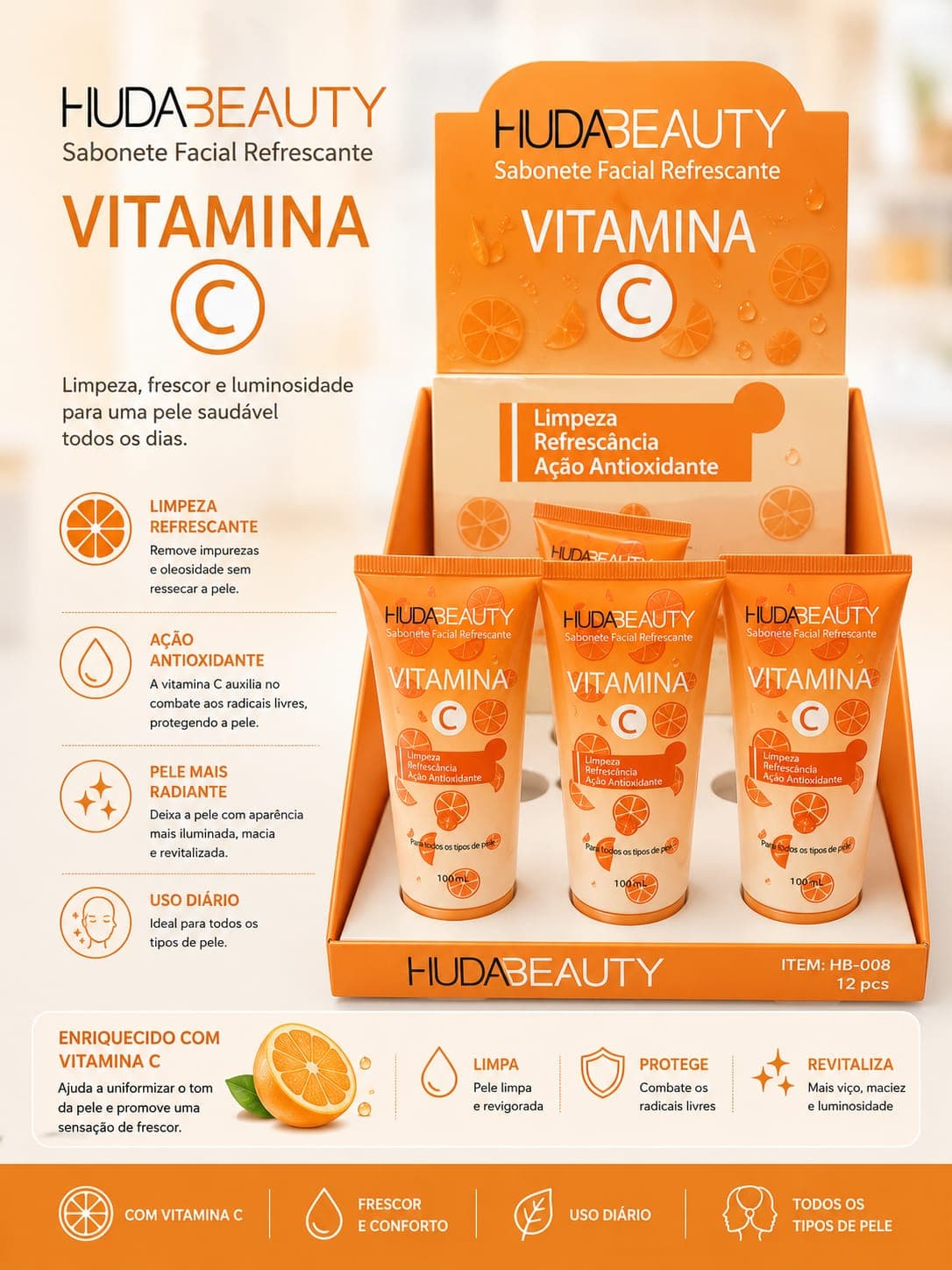 Sabonete Facial Vitamina C Huda Beauty 100ml | Limpeza Profunda, Ação Antioxidante e Pele Radiante | Uso Diário para Todos os Tipos de Pele | Alta Procura - imagem 1