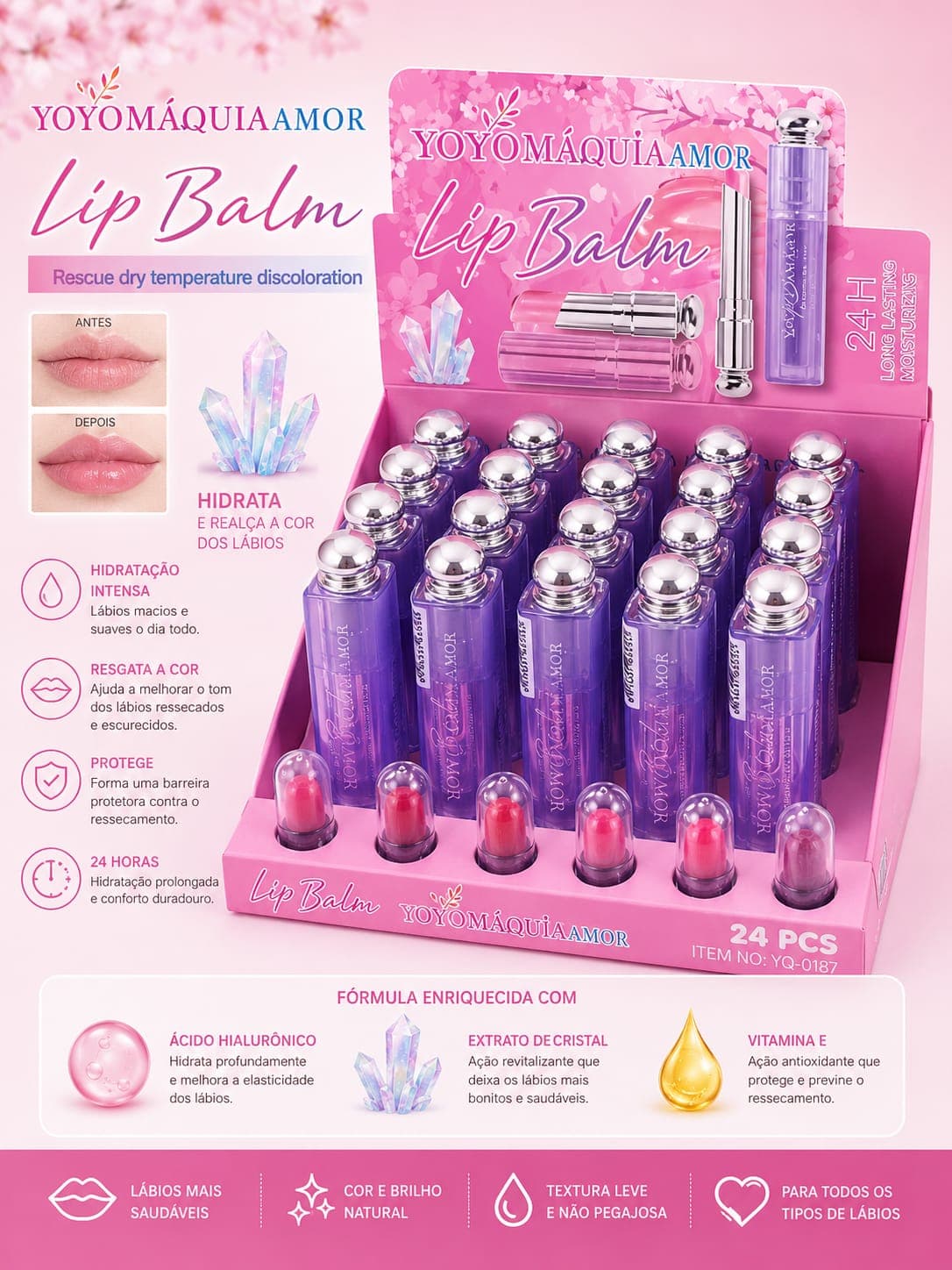 Lip Balm Hidratante 24H Yoyo Maquia Amor | Ácido Hialurônico, Vitamina E e Extrato de Cristal | Cor Natural, Hidratação Intensa e Brilho Labial | Sucesso de Vendas - imagem 1