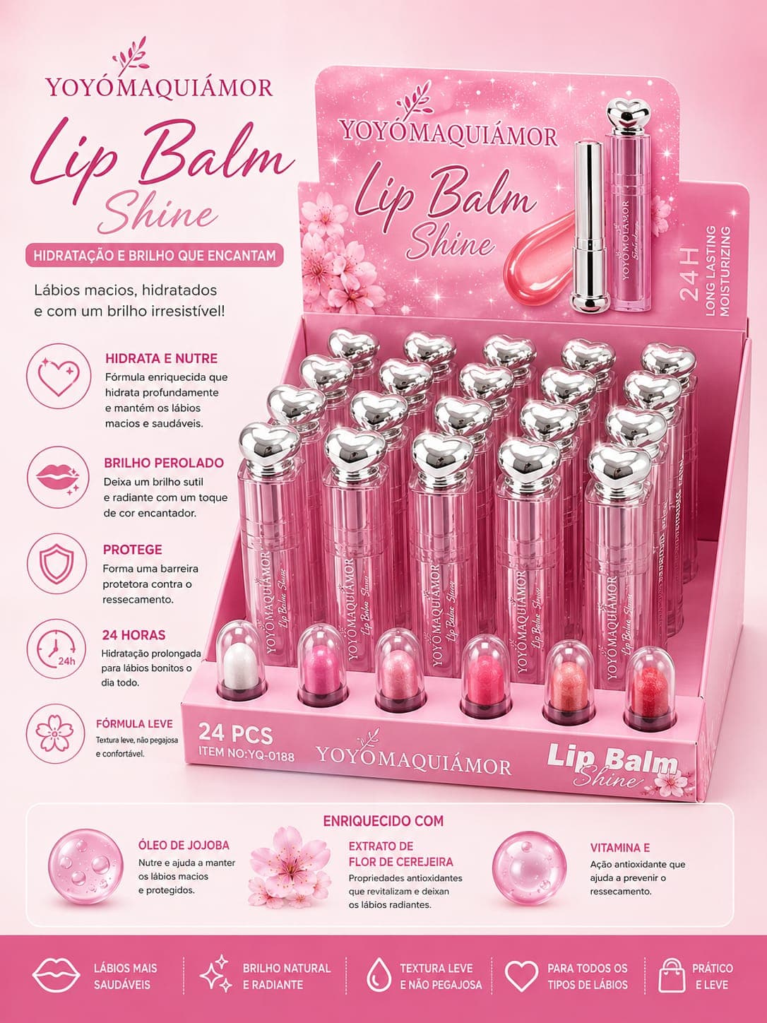 Lip Balm Shine Yoyo Maquia Amor 24H | Hidratante Labial com Óleo de Jojoba, Vitamina E e Flor de Cerejeira | Brilho Perolado, Nutrição e Proteção | Queridinho do Momento - imagem 1