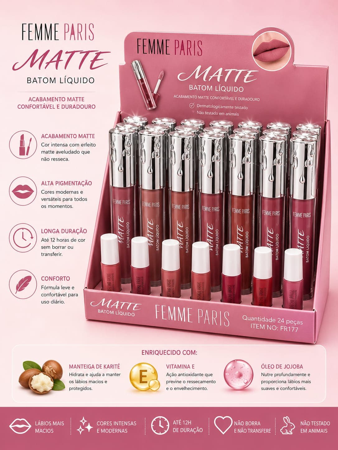 Batom Líquido Matte Femme Paris FR177 | Alta Pigmentação, Longa Duração 12H e Acabamento Aveludado | Com Vitamina E, Jojoba e Karité | Mais Vendido - imagem 1