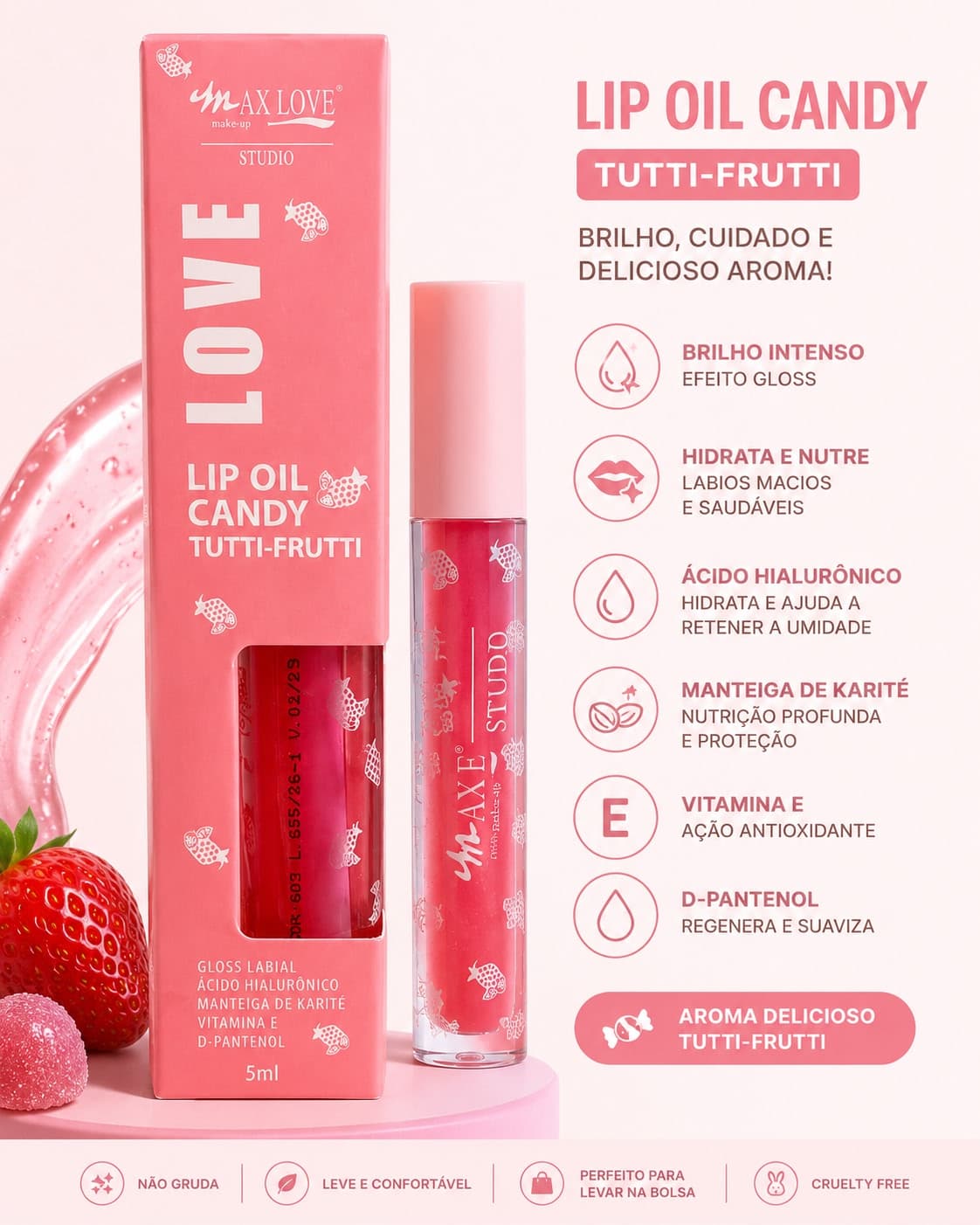 Lip Oil Candy Tutti-Frutti Max Love Studio | Gloss Hidratante com Ácido Hialurônico, Karité e Vitamina E | Brilho Espelhado e Aroma Irresistível | Sucesso de Vendas - imagem 1