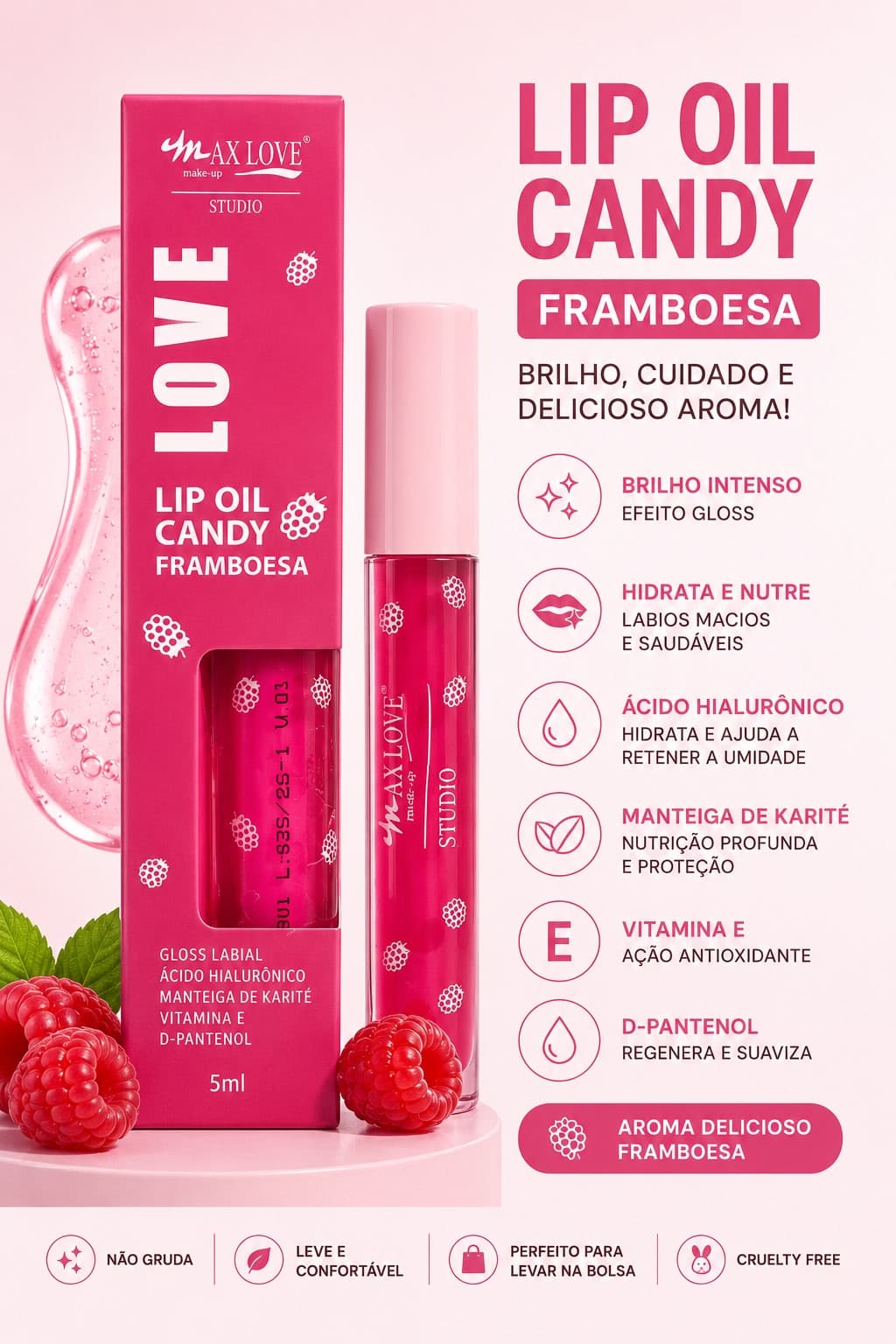 Lip Oil Candy Framboesa Max Love Studio | Gloss Hidratante com Ácido Hialurônico, Karité e Vitamina E | Brilho Espelhado e Aroma Delicioso | Queridinho das Clientes - imagem 1