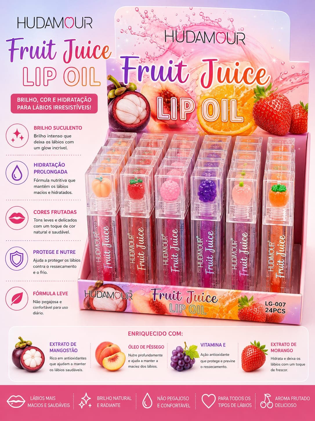 Lip Oil Fruit Juice Hudamour | Gloss Labial Hidratante com Extratos de Frutas e Vitamina E | Brilho Natural, Aroma Frutado e Nutrição Intensa | Tendência do Momento - imagem 1